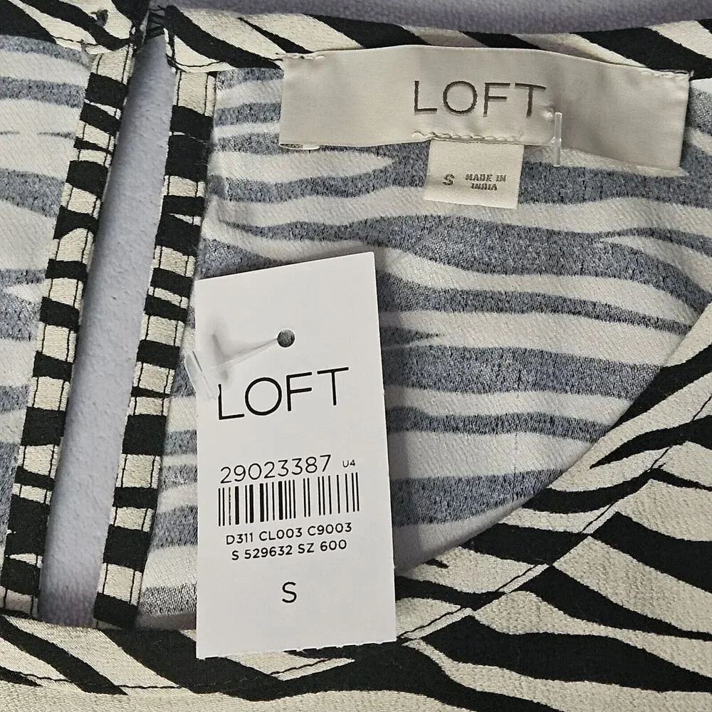 New  LOFT Womens Black‎ Beige Zebra Print Cinched Puff Sleeve Top Size Small